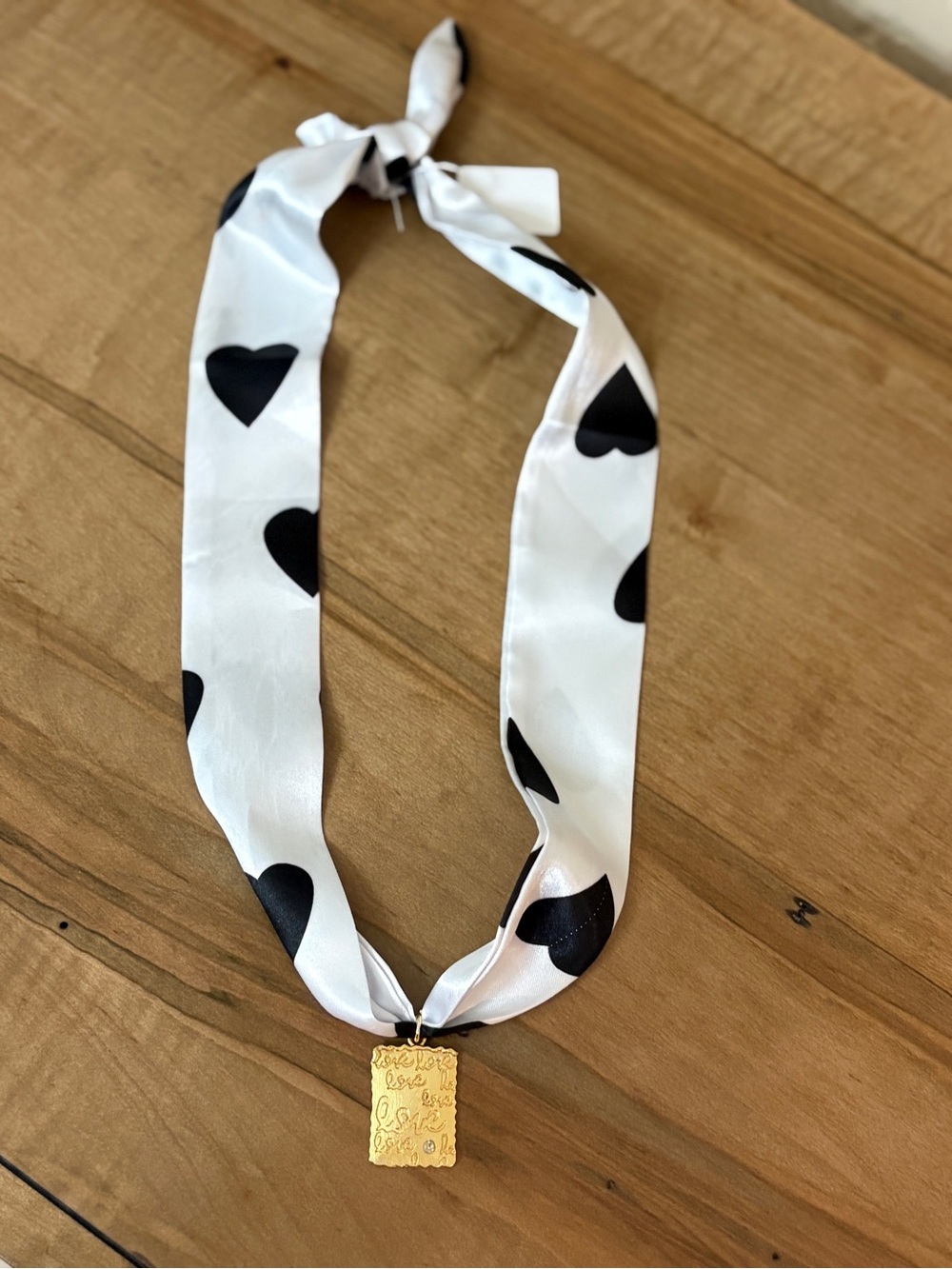 Scarf Necklace with Gold Charm Black & White Heart Print